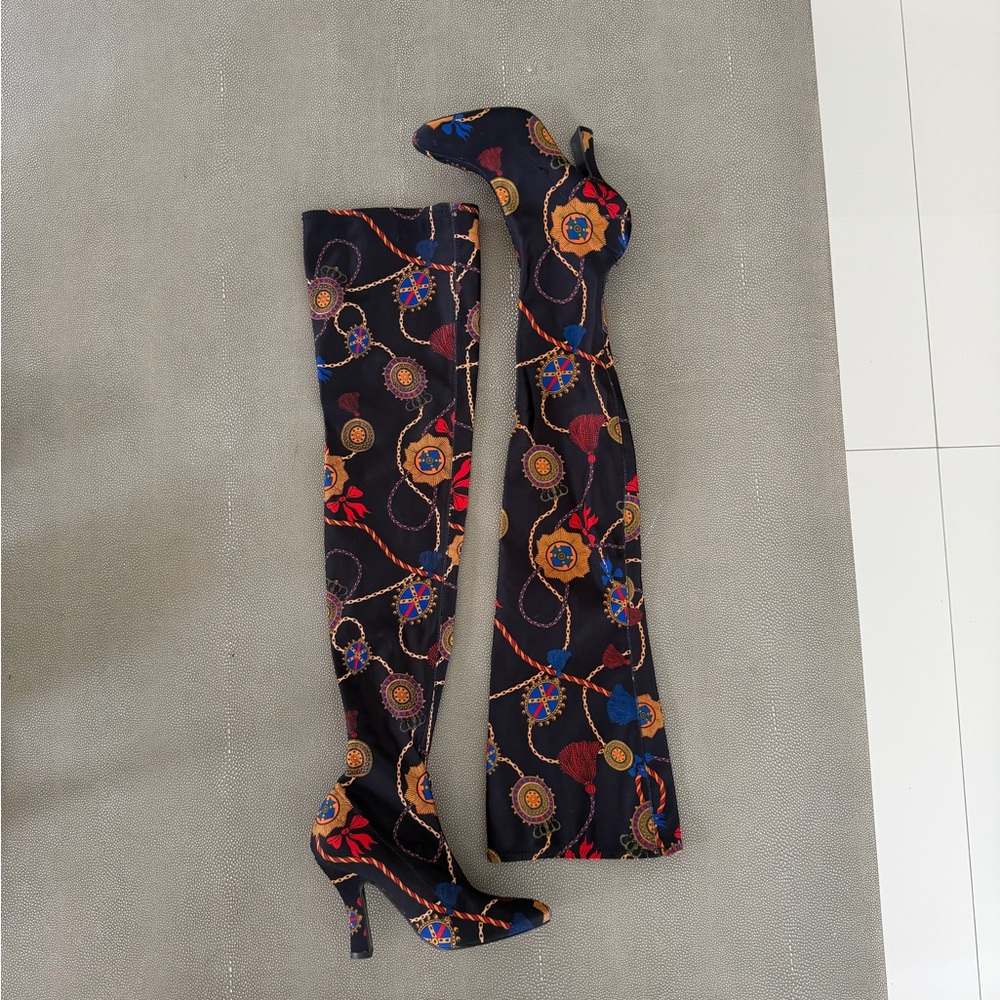 Zara Black Floral Chain Over-the-Knee high heel Boots 36